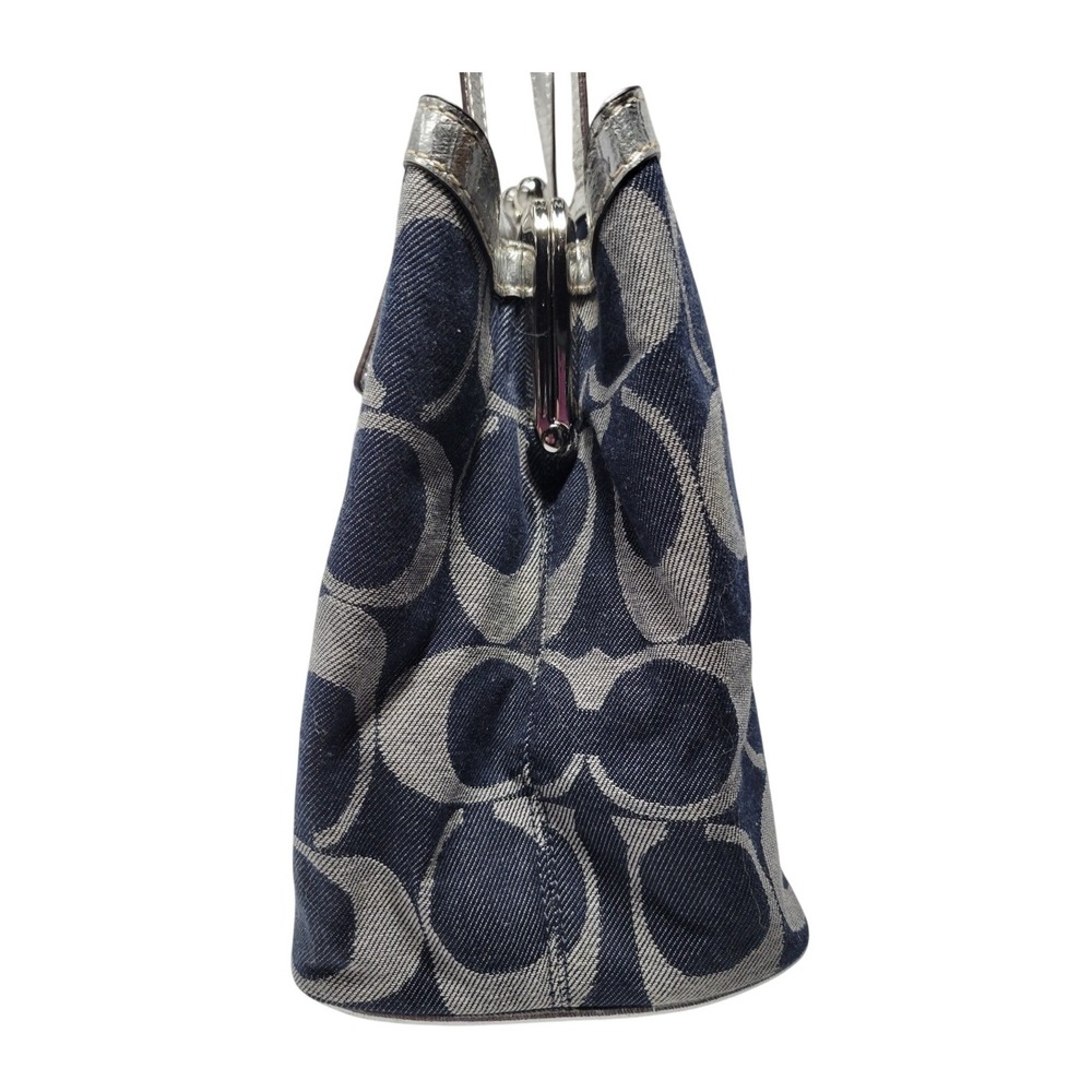 Coach Signature C Denim‎ Tote Womens Large Blue Silver Excellent F19701 Kisslock - Picture 4 of 9